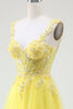 Load image into Gallery viewer, Tulle Beaded Yellow Corset Prom Dress with Slit