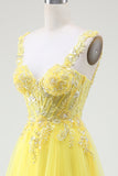 Tulle Beaded Yellow Corset Prom Dress with Slit