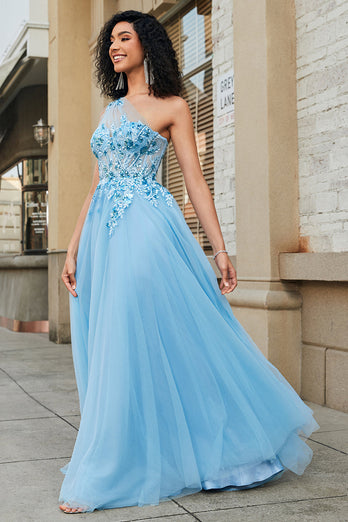 Gorgeous A Line One Shoulder Light Blue Corset Prom Dress with Appliques