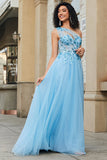 Gorgeous A Line One Shoulder Light Blue Corset Prom Dress with Appliques