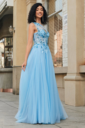 Gorgeous A Line One Shoulder Light Blue Corset Prom Dress with Appliques