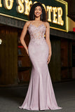 Trendy Mermaid Spaghetti Straps Blush Long Prom Dress with Beading