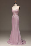 Glitter Blush Mermaid Spaghetti Straps Long Prom Dress with Beading