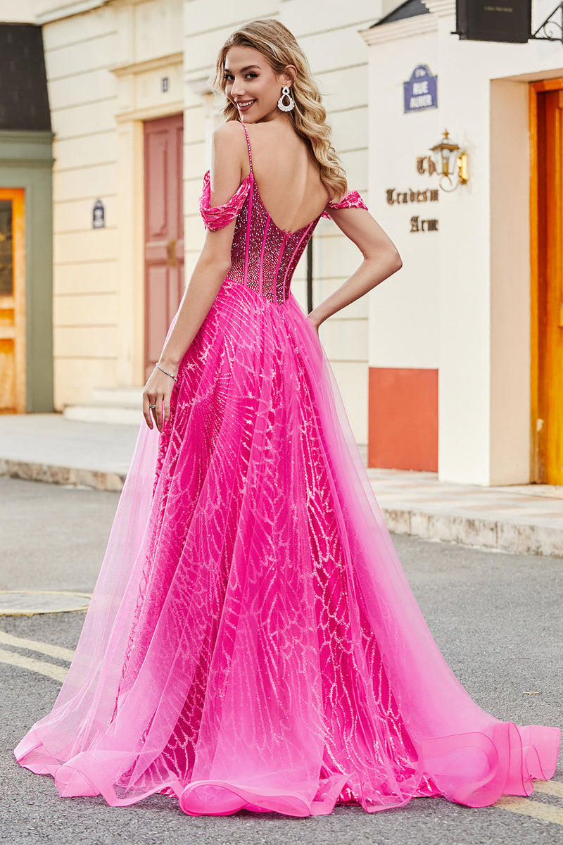 Load image into Gallery viewer, A-Line Cold Shoudler Sparkly Hot Pink Corset Prom Dress with Beading