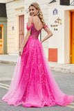 A-Line Cold Shoudler Sparkly Hot Pink Corset Prom Dress with Beading