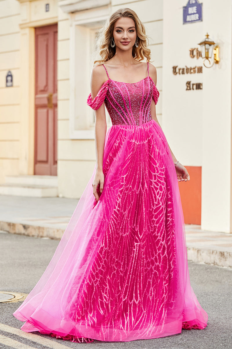 Load image into Gallery viewer, A-Line Cold Shoudler Sparkly Hot Pink Corset Prom Dress with Beading