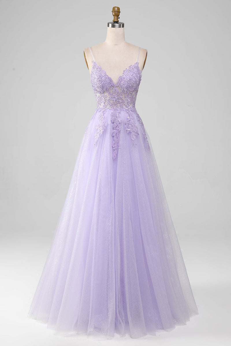 Load image into Gallery viewer, Sparkly Light Purple A-Line Spaghetti Straps Long Prom Dress With Beading