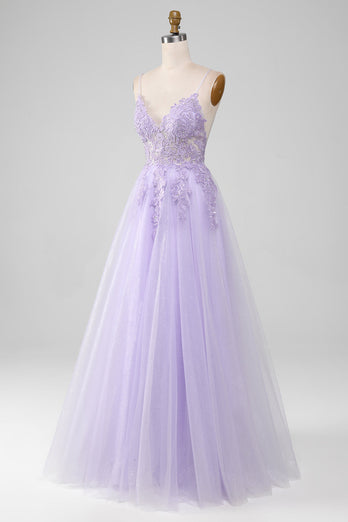 Sparkly Light Purple A-Line Spaghetti Straps Long Prom Dress With Beading