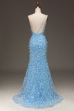 Light Blue Mermaid One Shoulder Side Slit Sequin Prom Dress with Appliques