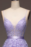 Purple A-Line Spaghetti Straps Long Beaded and Tulle Prom Dress with Appliques