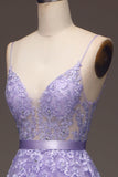 Purple A-Line Spaghetti Straps Long Beaded and Tulle Prom Dress with Appliques