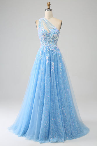 Stunning A Line One Shoulder Light Blue Long Tulle Prom Dress with Appliques