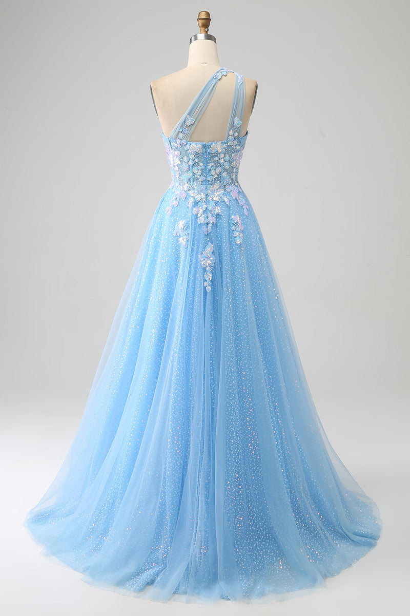 Load image into Gallery viewer, Stunning A Line One Shoulder Light Blue Long Tulle Prom Dress with Appliques
