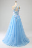 Stunning A Line One Shoulder Light Blue Long Tulle Prom Dress with Appliques