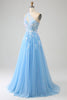 Load image into Gallery viewer, Stunning A Line One Shoulder Light Blue Long Tulle Prom Dress with Appliques