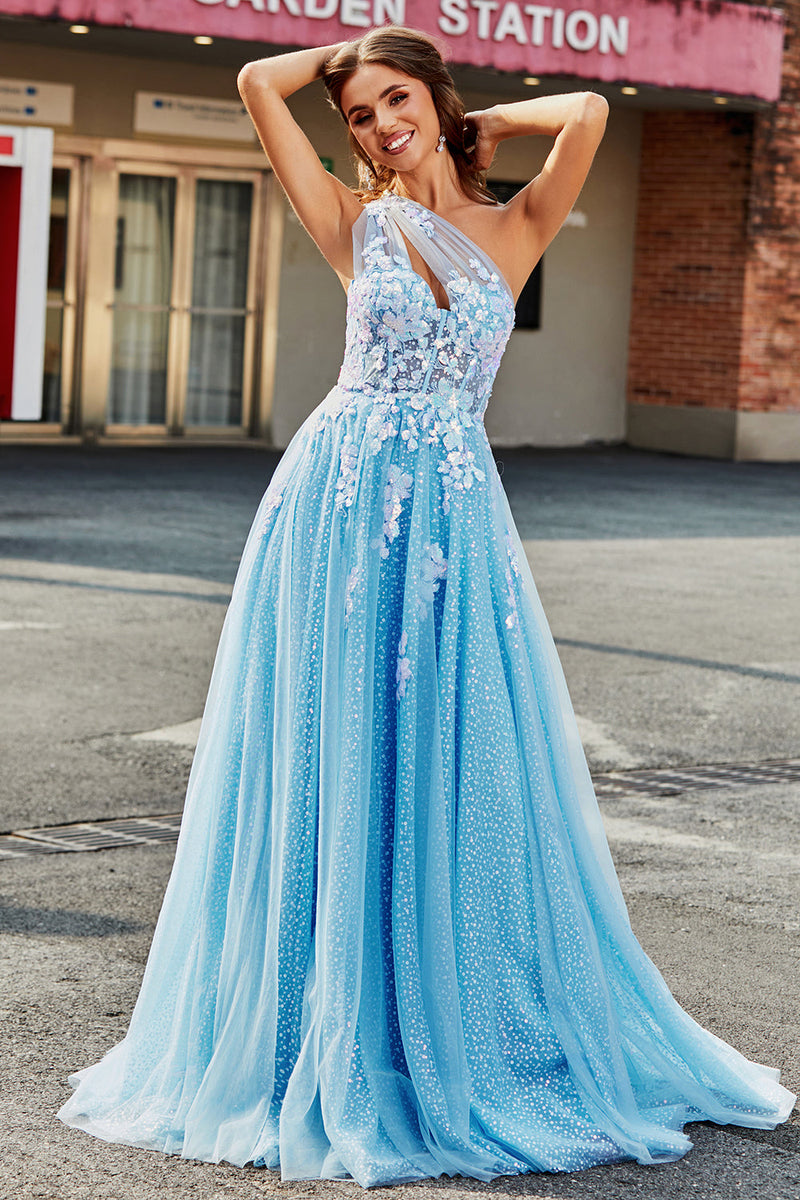 Load image into Gallery viewer, Light Blue A Line One Shoulder Long Tulle Prom Dress With Appliques