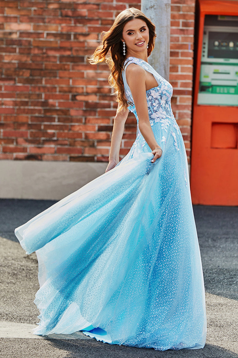 Load image into Gallery viewer, Light Blue A Line One Shoulder Long Tulle Prom Dress With Appliques