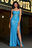 Stunning Mermaid Spaghetti Straps Blue Corset Prom Dress with Split Front