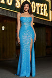 Stunning Mermaid Spaghetti Straps Blue Corset Prom Dress with Split Front