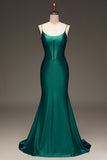 Satin Mermaid Lace-Up Back Dark Green Prom Dress with Corset