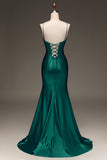 Satin Mermaid Lace-Up Back Dark Green Prom Dress with Corset