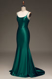 Satin Mermaid Lace-Up Back Dark Green Prom Dress with Corset