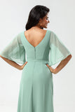 Chiffon V-neck Mint Bridesmaid Dress with Slit