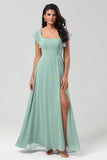 Green Square Neck Chiffon Bridesmaid Dress with Ruffles