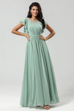 Chiffon A Line Green Bridesmaid Dress with Pleated