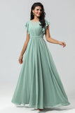 Chiffon A Line Green Bridesmaid Dress with Pleated