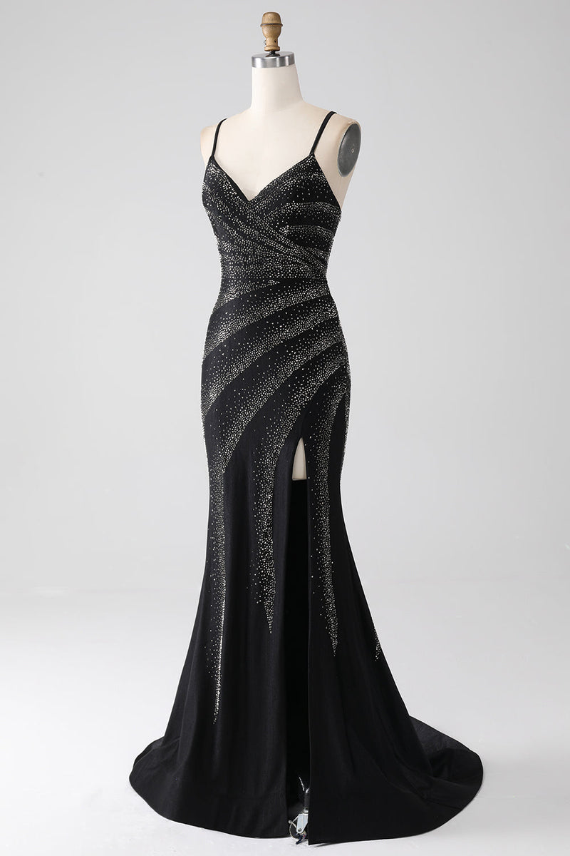 Load image into Gallery viewer, Mermaid Beaded Black Prom Dress with Slit