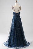 A-Line Dark Navy Spaghetti Straps Long Prom Dress with Slit