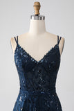 A-Line Dark Navy Spaghetti Straps Long Prom Dress with Slit