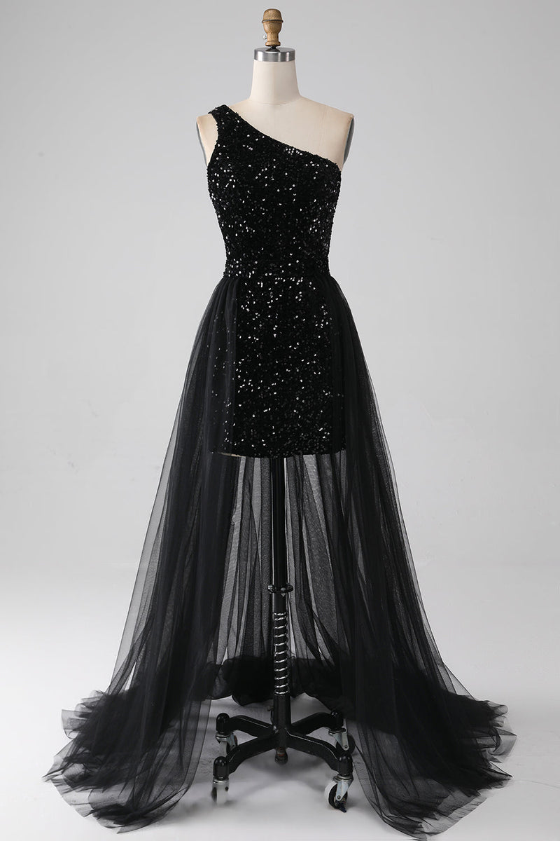 Load image into Gallery viewer, A-Line Black One Shoulder Sequins Prom Dress
