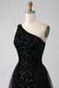 Load image into Gallery viewer, A-Line Black One Shoulder Sequins Prom Dress
