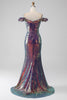 Load image into Gallery viewer, Sparkly Mermaid Off The Shoulder Purple Prom Dress with Slit