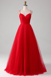 Red Tulle Spaghetti Strap A-line Prom Dress