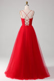 Red Tulle Spaghetti Strap A-line Prom Dress