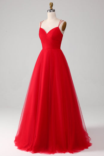 Red Tulle Spaghetti Strap A-line Prom Dress