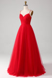 Red Tulle Spaghetti Strap A-line Prom Dress