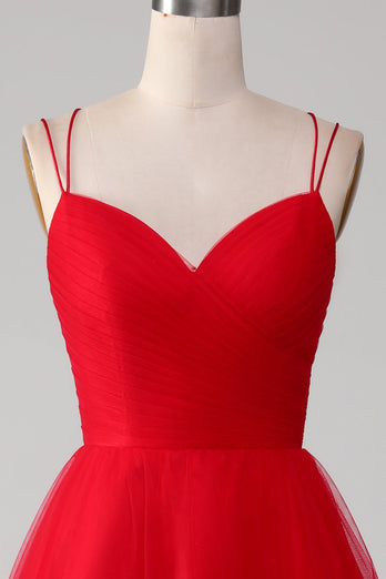 Red Tulle Spaghetti Strap A-line Prom Dress