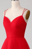 Red Tulle Spaghetti Strap A-line Prom Dress