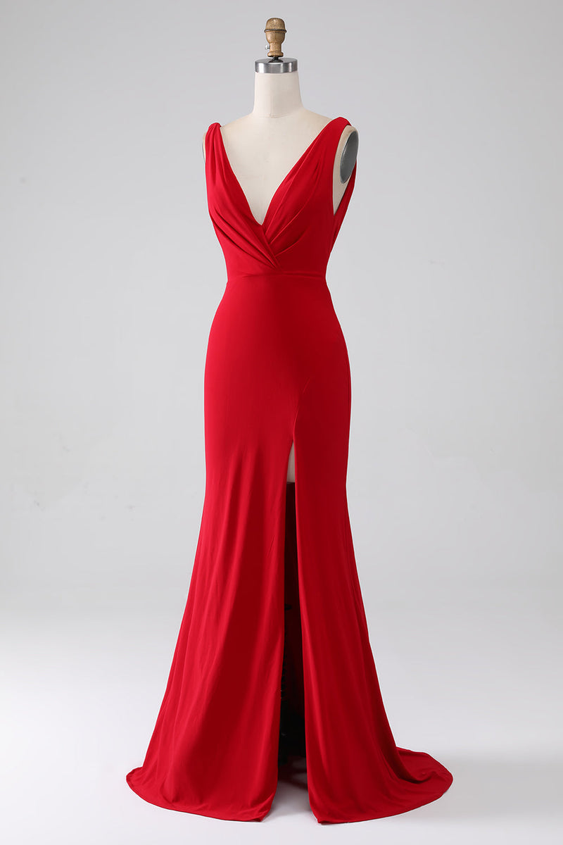 Load image into Gallery viewer, Mermaid V-Neck Red Prom Dress with Slit