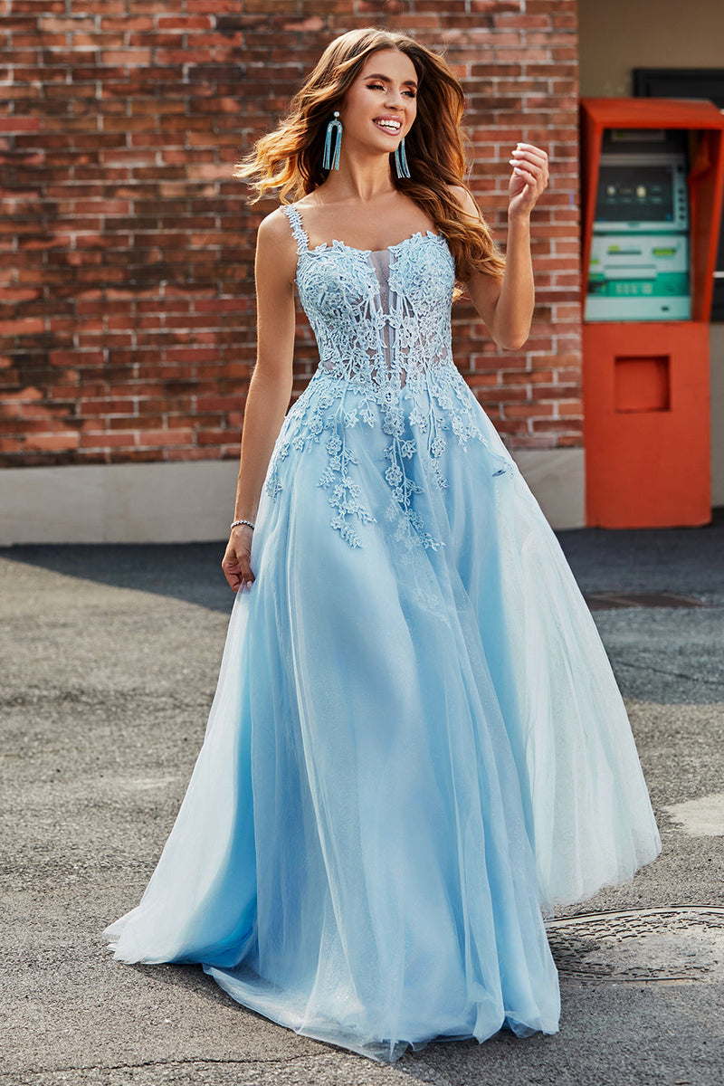Load image into Gallery viewer, Gorgeous A Line Spaghetti Straps Light Blue Corset Prom Dress with Appliques