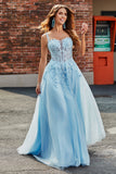 Gorgeous A Line Spaghetti Straps Light Blue Corset Prom Dress with Appliques