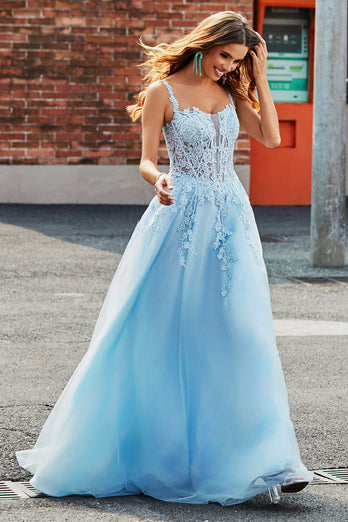 Gorgeous A Line Spaghetti Straps Light Blue Corset Prom Dress with Appliques