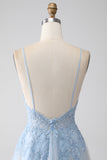 A-Line Spaghetti Straps Grey Blue Prom Dress with Beading