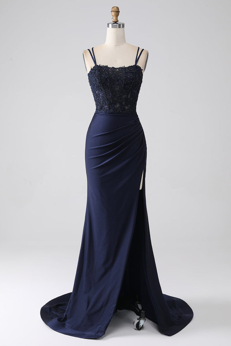 Load image into Gallery viewer, Mermaid Beaded Navy Prom Dress with Ruffles