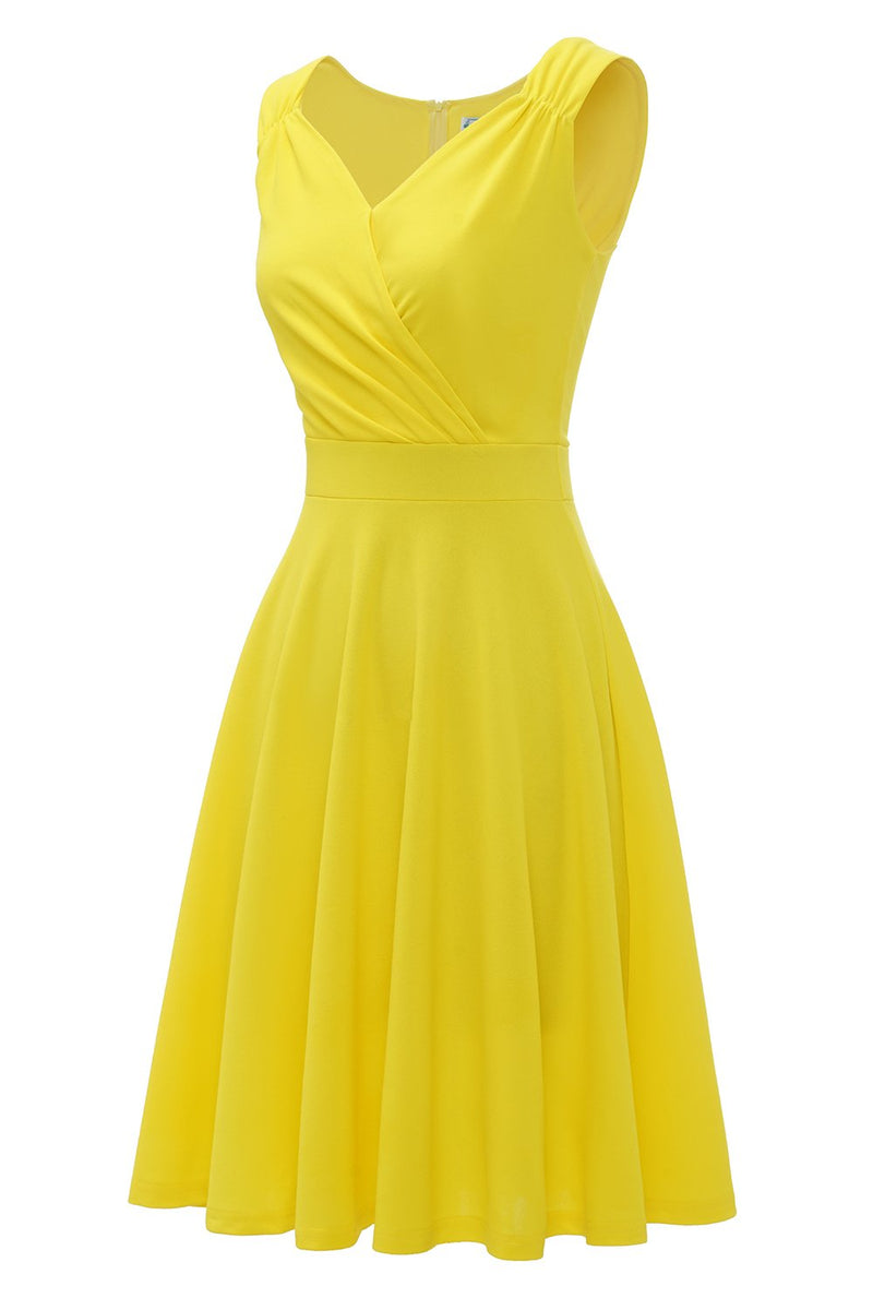 Load image into Gallery viewer, Yellow V Neck 1950s Dress