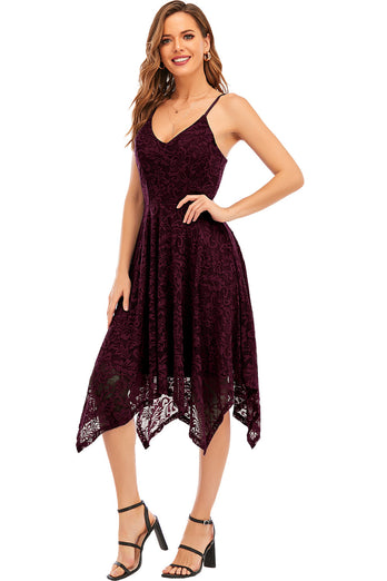 Burgundy Spaghetti Straps High Low Lace Party Dress